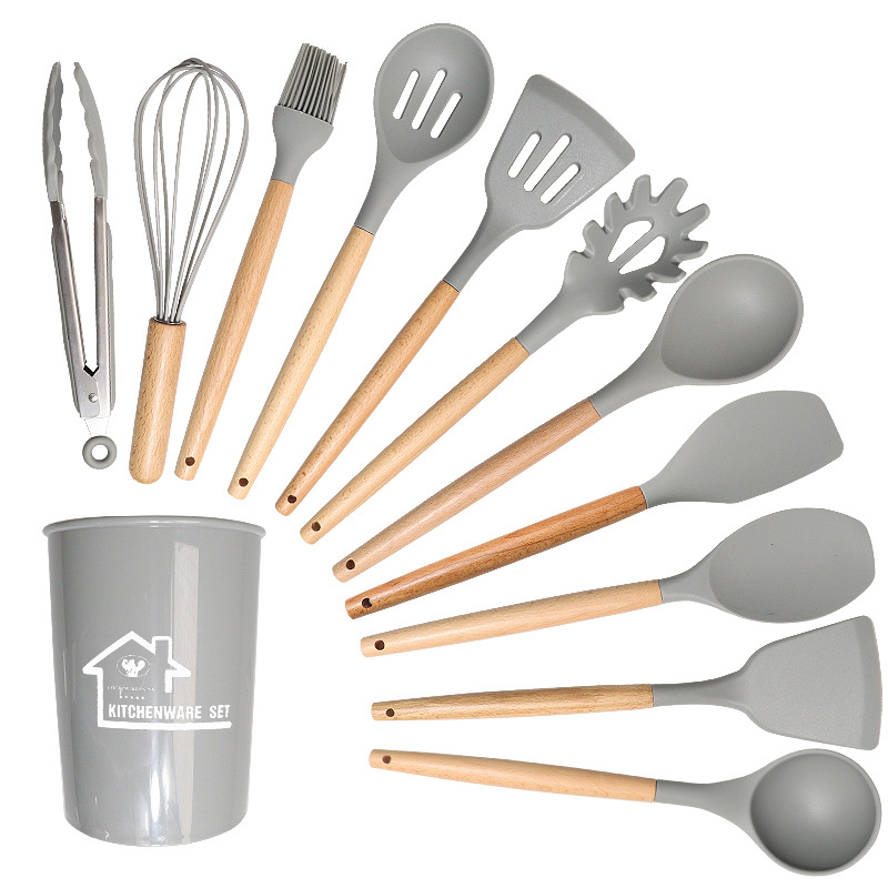 V888-ELOSUNG25200-202504211141-00 Light Grey 11-Piece Silicone Kitchen Utensil Set with Wooden Handles and Storage Bucket - Heat Resistant and Non-Stick - Image 1