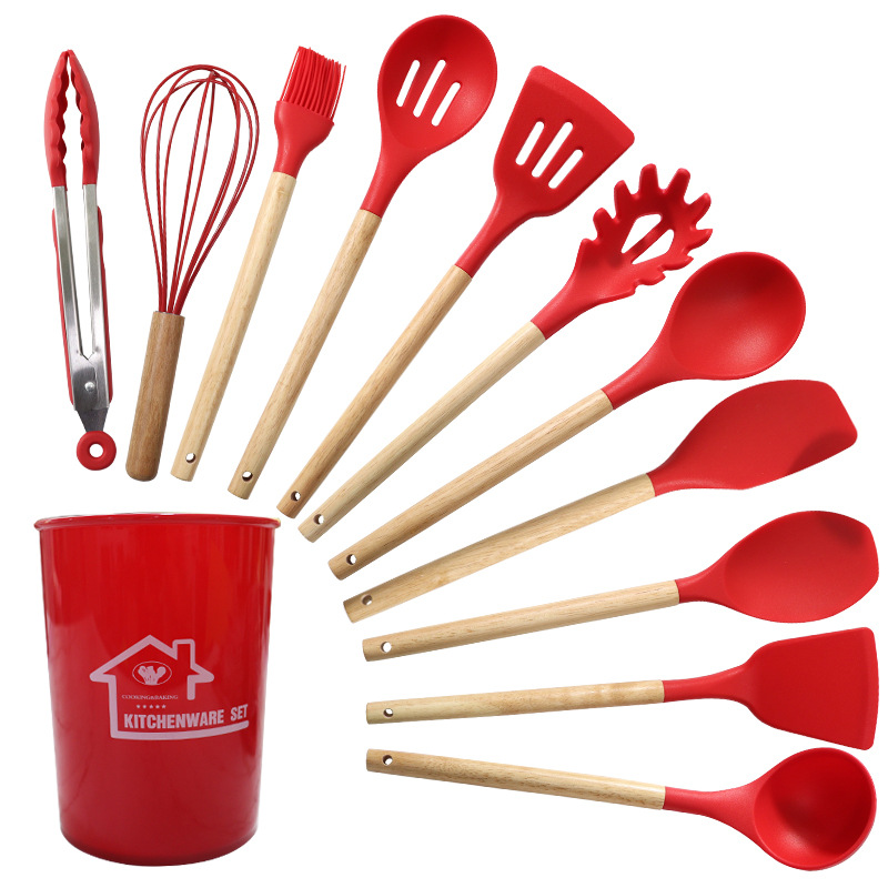 V888-ELOSUNG25204-202504211143-00 Red 11-Piece Silicone Kitchen Utensil Set with Wooden Handles and Storage Bucket - Heat Resistant and Non-Stick - Image 1