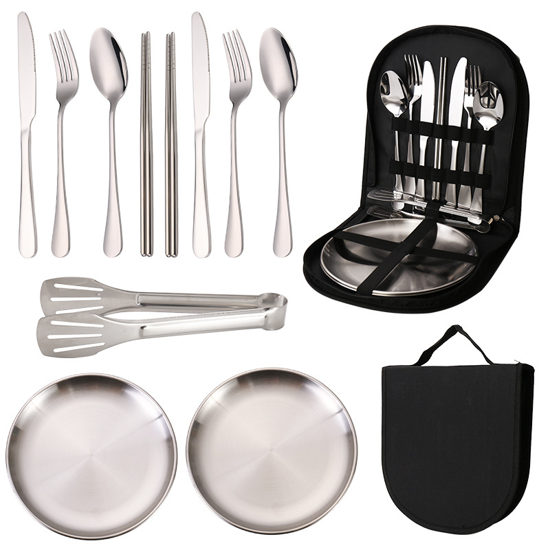 V888-ELOSUNG25207-202504211232-00 6-Piece Portable Stainless Steel Cutlery Set with Plate and Bag - Silver, Great for Camping and Travel (Chopsticks) - Image 1