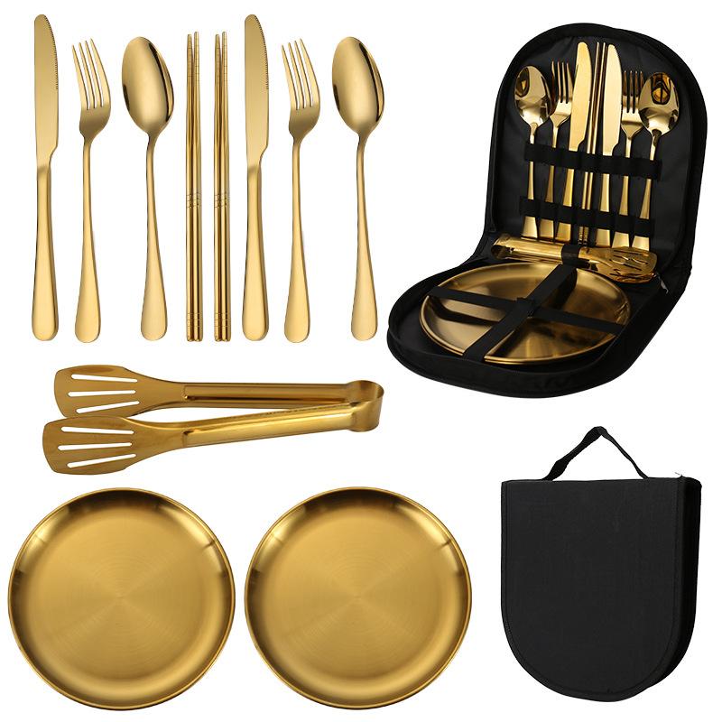 V888-ELOSUNG25208-202504211233-00 6-Piece Portable Stainless Steel Cutlery Set with Plate and Bag - Gold, Great for Camping and Travel (Chopsticks) - Image 1