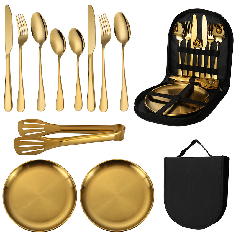 V888-ELOSUNG25210-202504211235-00 6-Piece Portable Stainless Steel Cutlery Set with Plate and Bag - Gold, Great for Camping and Travel (Teaspoon) - Image 1