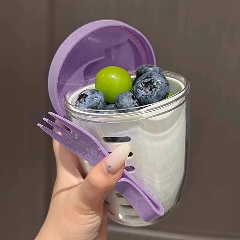 V888-ELOSUNG25289-202504211342-00 Purple Double Layer Salad Cup with Fork - Leak-proof Fruit Container, Drain Design, Portable Oatmeal and Picnic Jar - Image 1