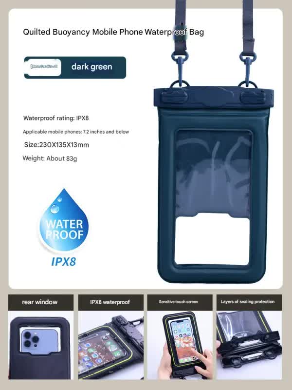 V888-ELOSUNG25369-202504281423-00 IPX8 Waterproof Phone Pouch with Inflatable Floating Layer,Touchscreen Dry Bag for Swimming(dark green) - Image 1