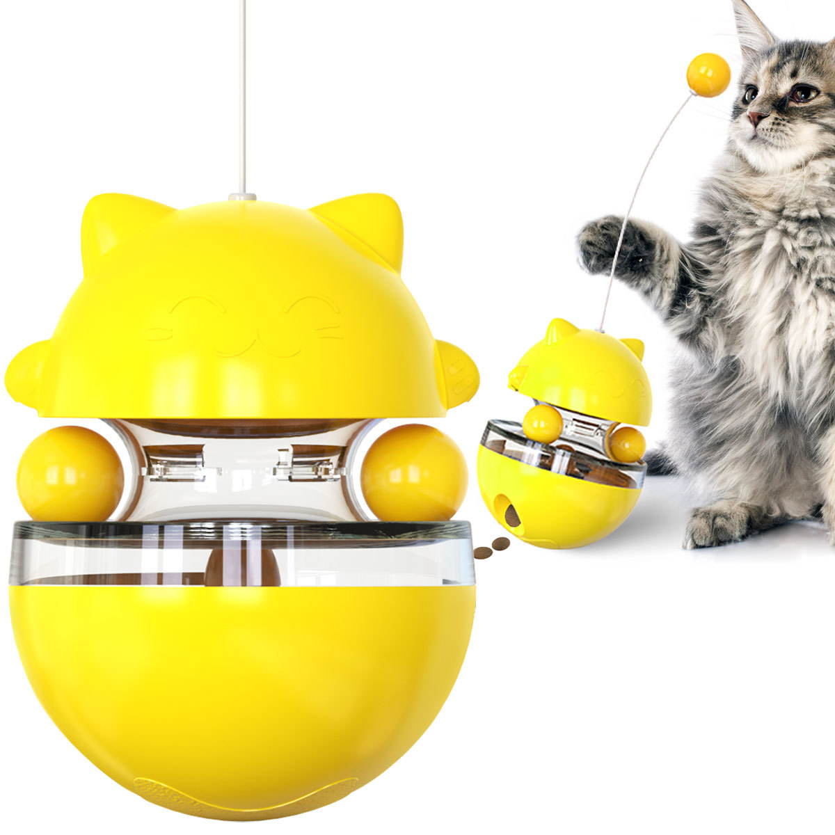 V888-ELOSUNG25381-202504281505-00 Cat Teaser Cup Toy, Interactive Treat Dispensing Ball with Wand (Yellow) - Image 1