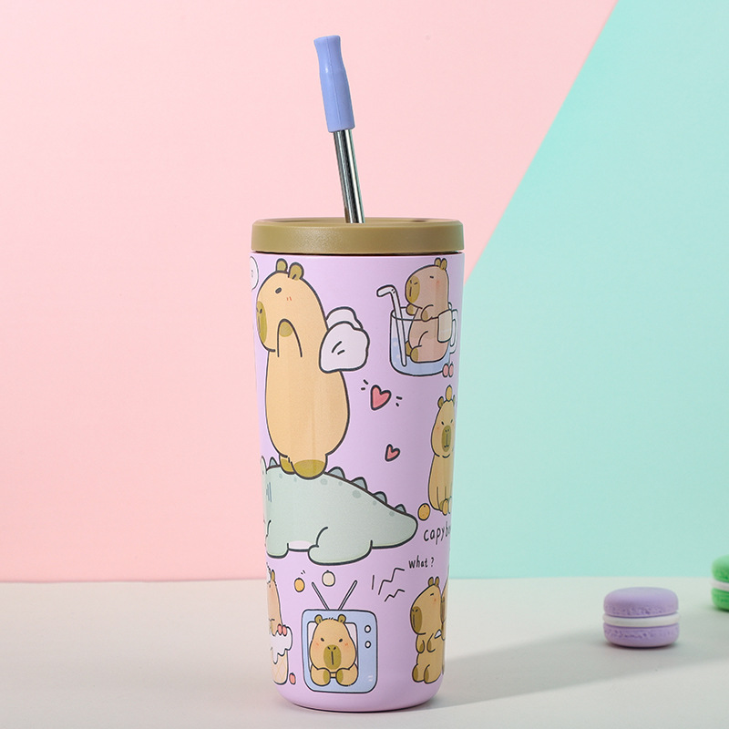 V888-ELOSUNG25386-202504281152-00 304 Stainless Steel Insulated Tumbler,Cartoon Design Portable Straw Cup for Home and Office(Lotus color) - Image 1