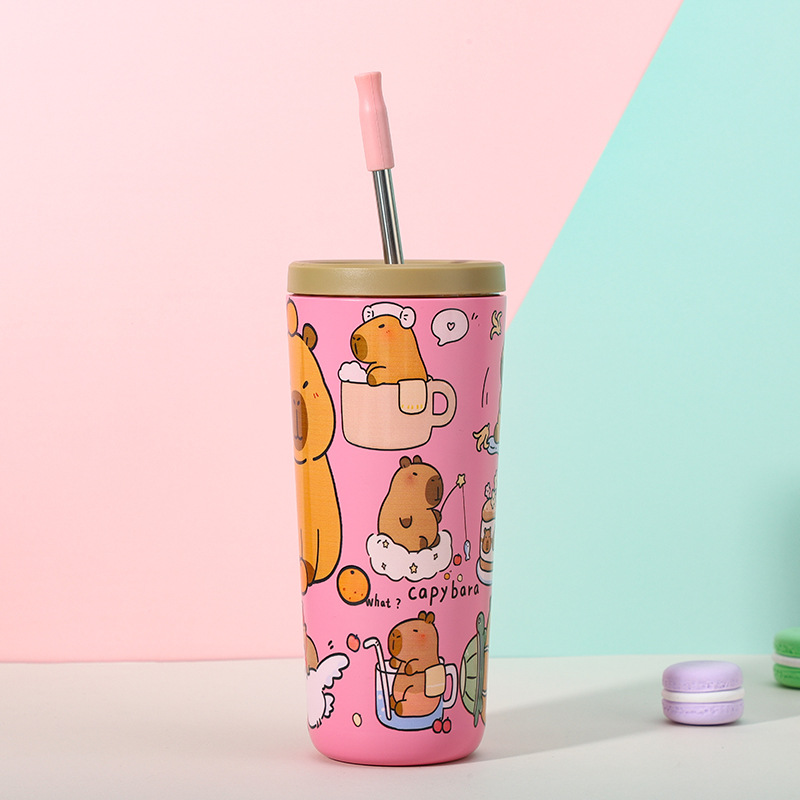 V888-ELOSUNG25388-202504281152-00 304 Stainless Steel Insulated Tumbler,Cartoon Design Portable Straw Cup for Home and Office(Pink) - Image 1