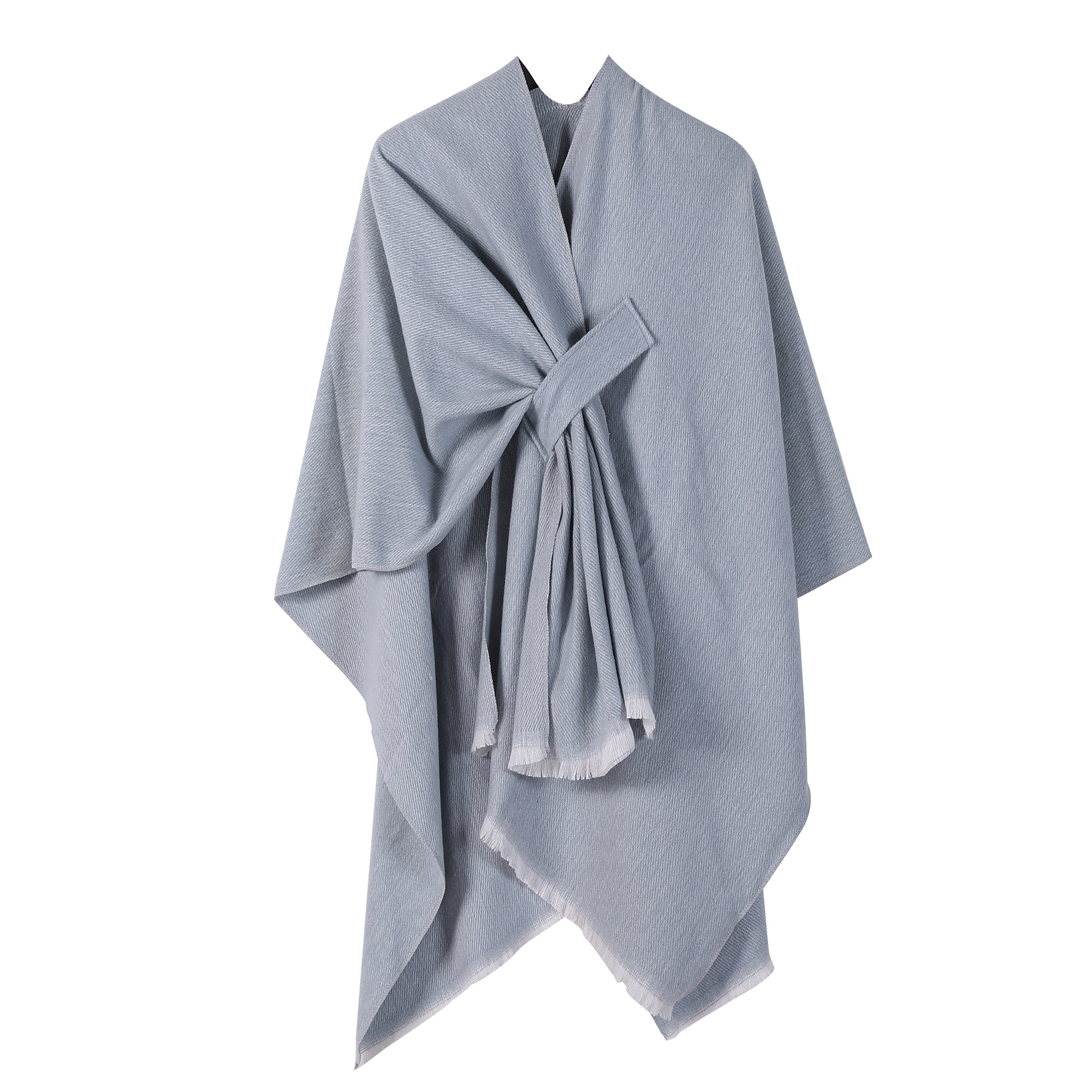 V888-ELOSUNG25427-202504281325-00 Solid Knit Poncho Shawl,Warm Fall/Winter Cape with Slit and Crossbar Design(Light gray) - Image 1