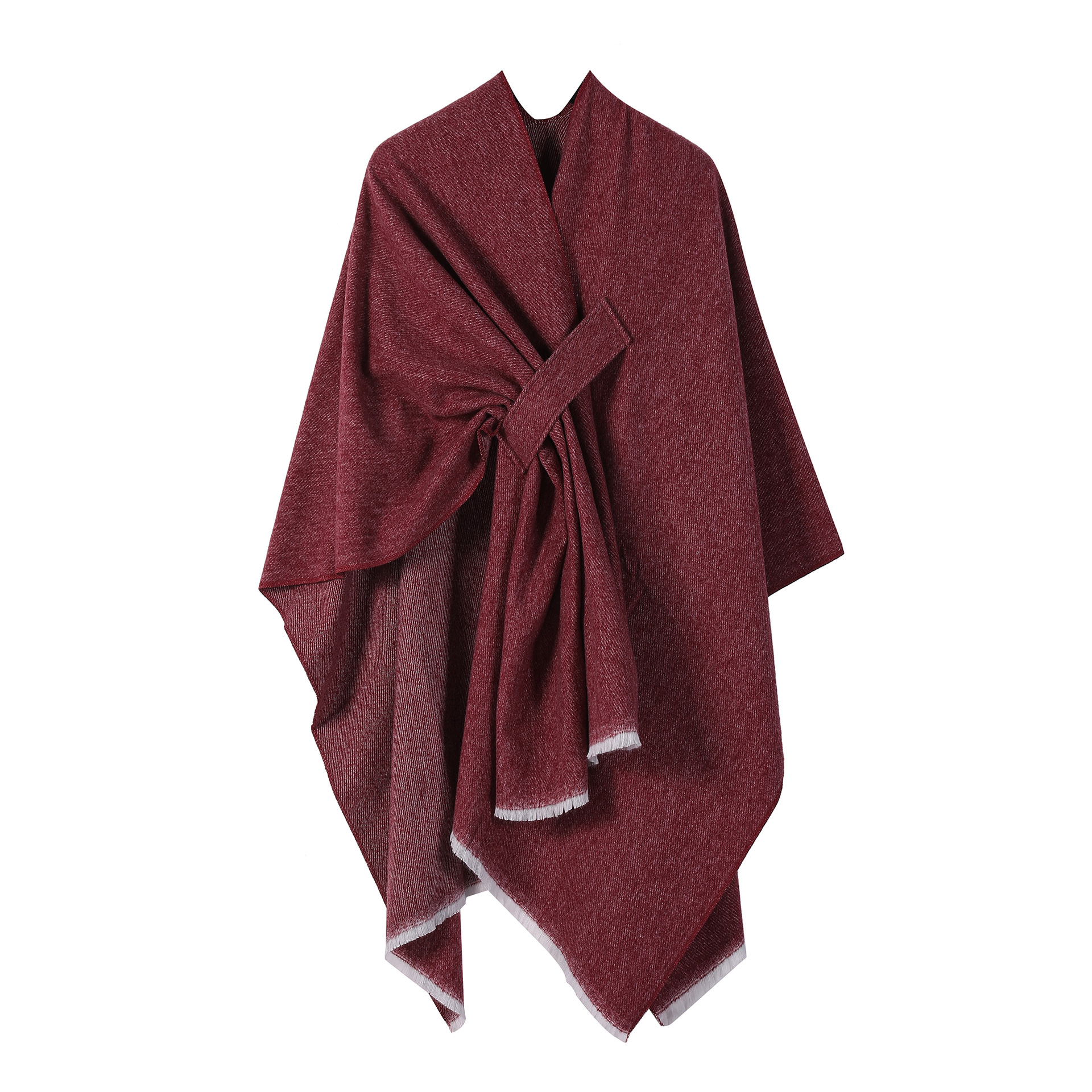 V888-ELOSUNG25432-202504281330-00 Solid Knit Poncho Shawl,Warm Fall/Winter Cape with Slit and Crossbar Design(Wine red) - Image 1