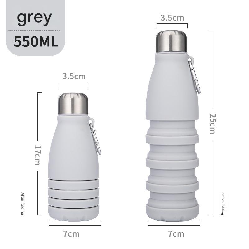 V888-ELOSUNG25459-202504281220-00 Gray Collapsible Silicone Water Bottle - Portable Sports Hydration Flask with Carabiner, 550ml/300ml - Image 1