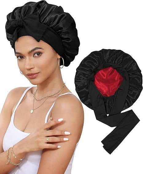 V888-ELOSUNG25637-202505081707-00 Luxury Double-Sided Satin Bonnet with Elastic Band(Black + bright red lining) - Image 1