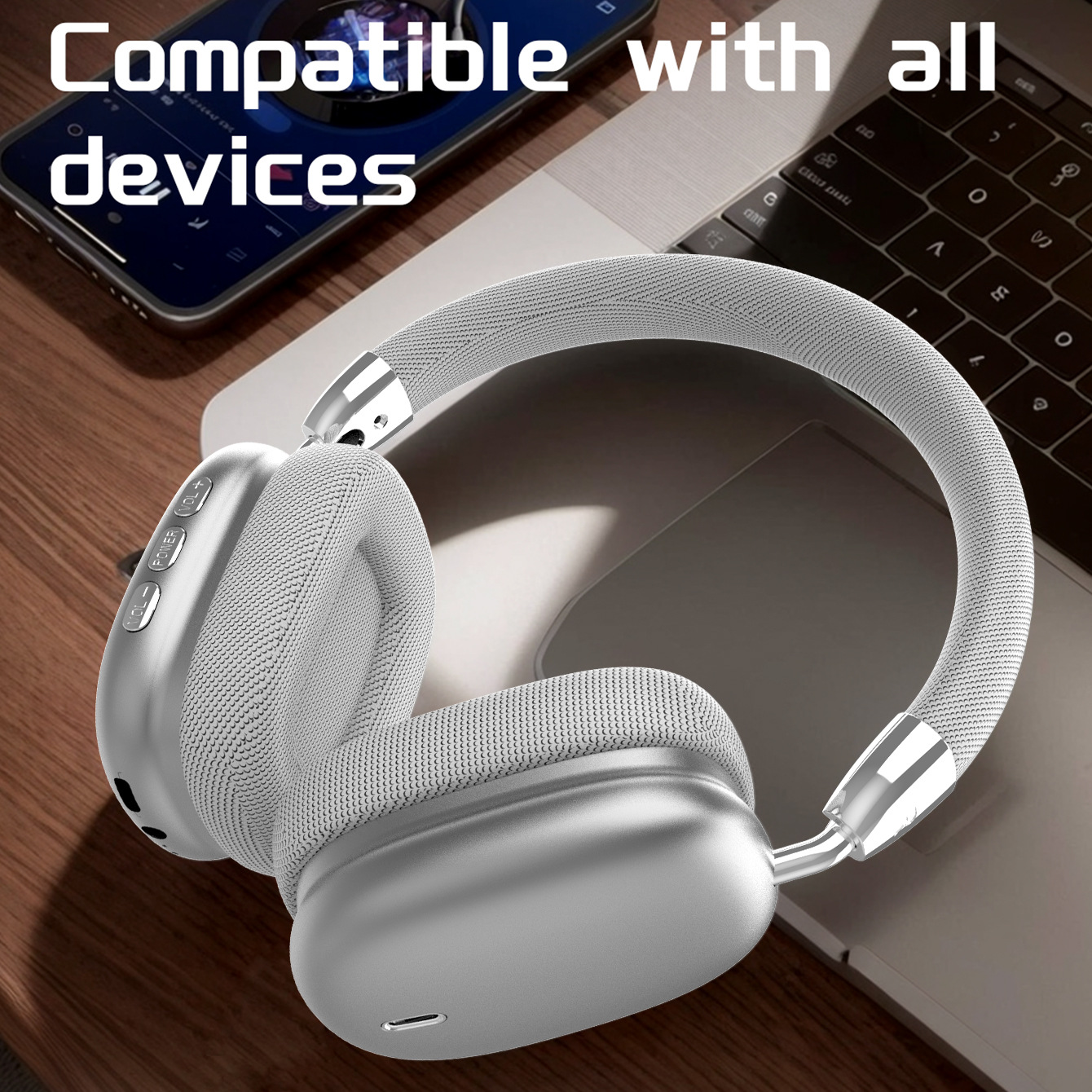 V888-ELOSUNG25662-202505081717-00 Premium Wireless Bluetooth Headphones with Stereo Hi-Fi Sound(silver) - Image 1