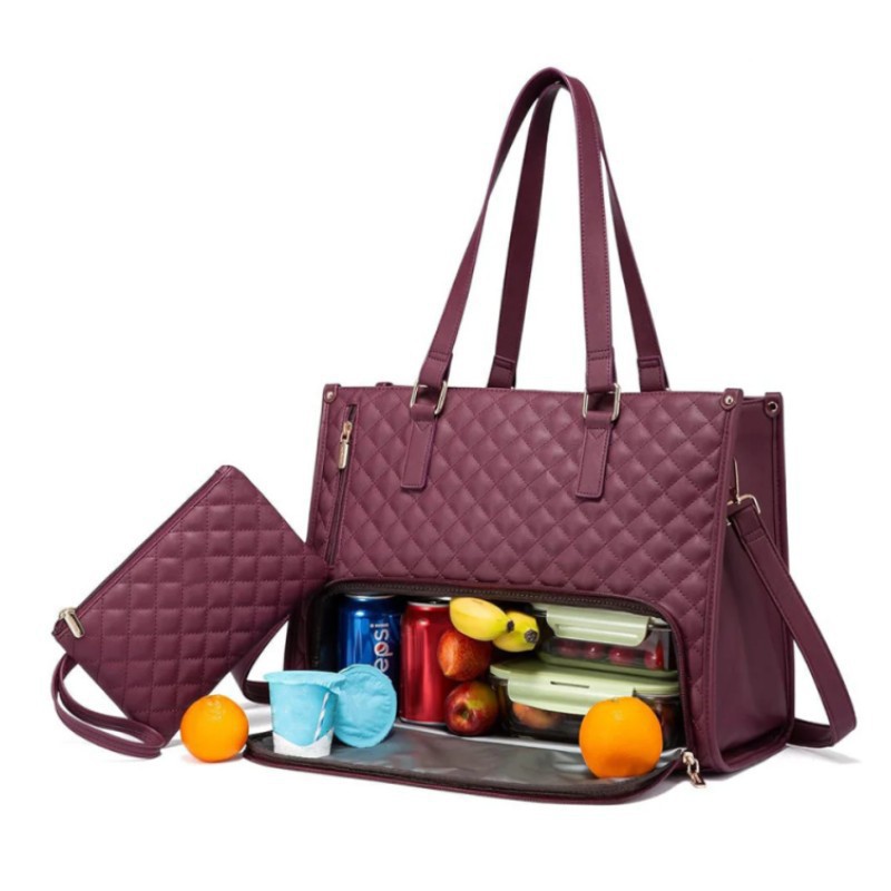 V888-ELOSUNG25757-202505131723-00 Stylish Quilted Laptop & Lunch Tote Bag , Water-Resistant with Insulated Compartment & Clutch(Wine red) - Image 1