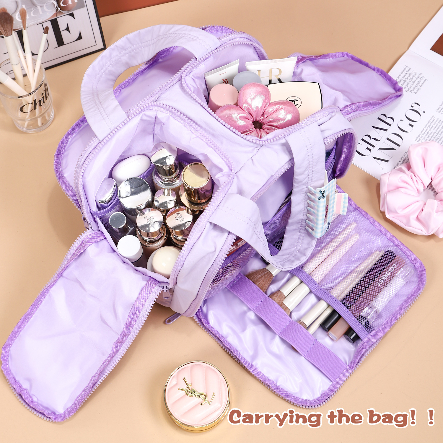 V888-ELOSUNG25776-202505131827-00 Portable Multi-Compartment Travel Toiletry & Makeup Organizer Bag with Brush Holders(Light purple) - Image 1