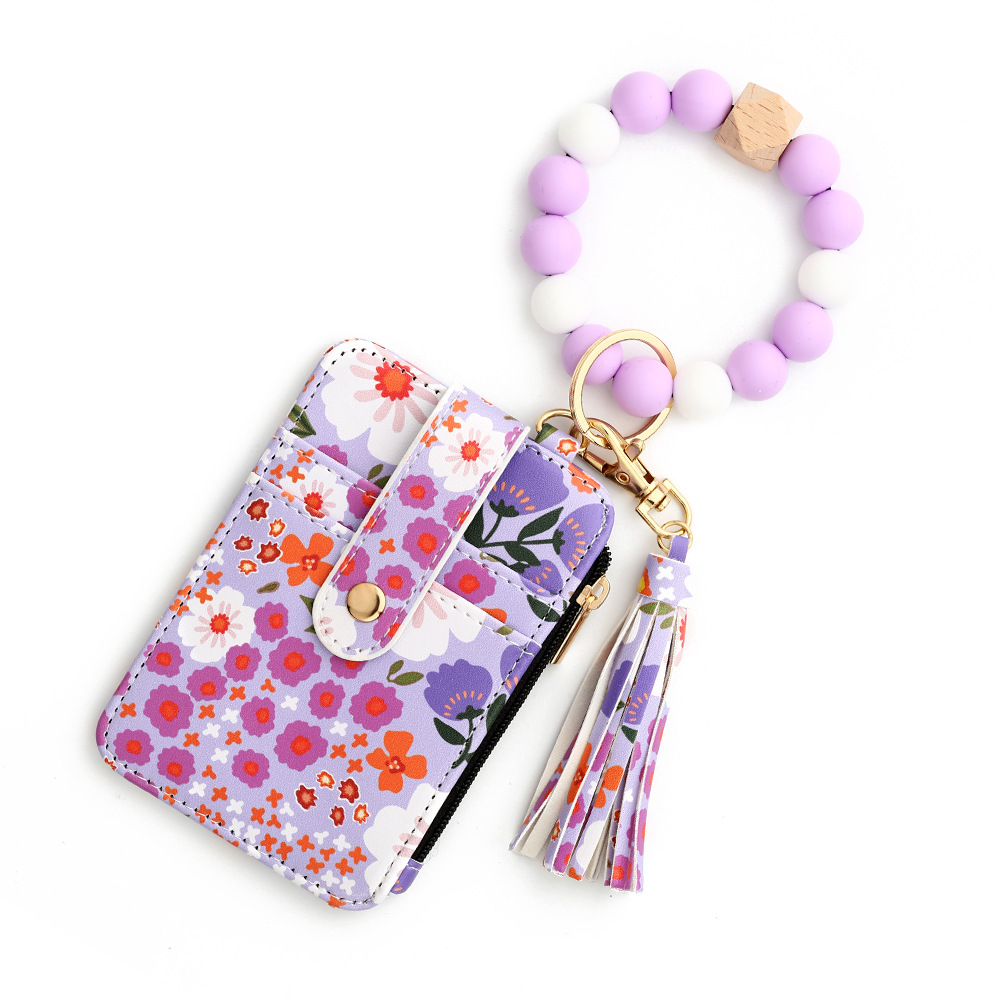 V888-ELOSUNG25911-202505151752-00 Floral Slim Card Holder Wallet with Beaded Keychain Bracelet & Tassel - 4 Card Slots, ID Window(Light purple) - Image 1