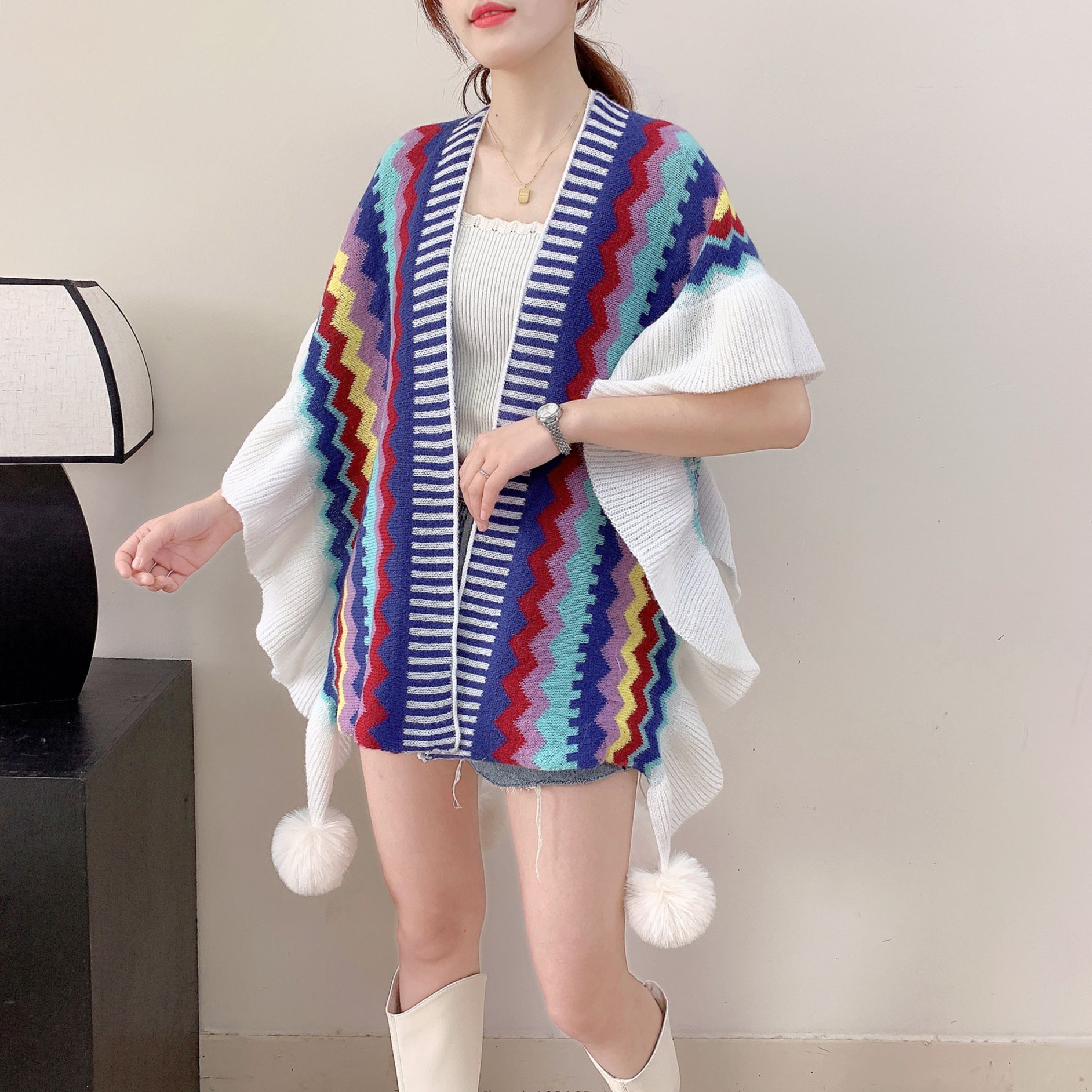 V888-ELOSUNG26112-202504171721-00 Dark Blue Women's printed knitted cardigan cape with ruffled sleeves (Style 3) - Image 1