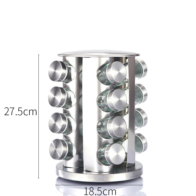 V888-ELOSUNG26118-202504171745-00 Modern stainless steel round-top rotating spice rack with 16 empty glass jars (88 ml each) - Image 1