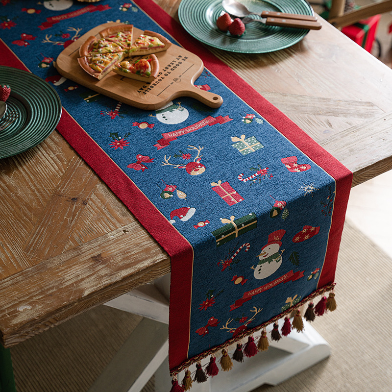 V888-ELOSUNG26147-202504171825-00 Blue Christmas Festive Table Runner - Blue with Snowman, Reindeer and Happy Holidays (35*240cm) - Image 1