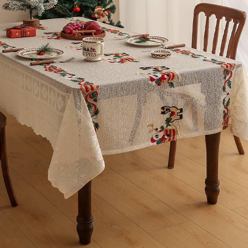 V888-ELOSUNG26150-202504171807-00 Embroidered Christmas Tablecloth - Embroidered Santa Claus, Reindeer (140*140cm) - Image 1
