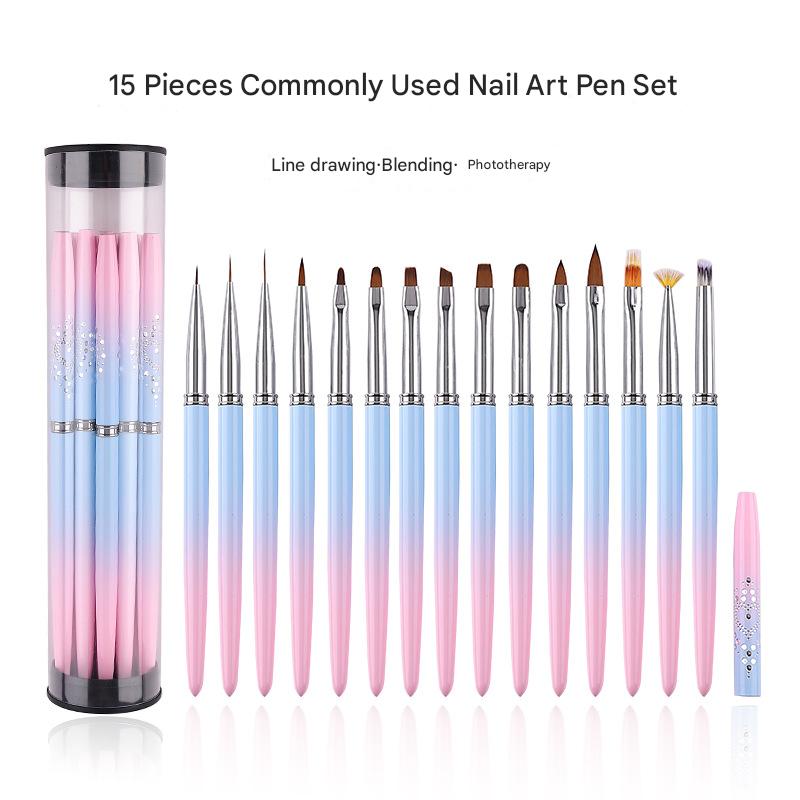 V888-ELOSUNG26165-202504171831-00 Professional Nail Art Brush Kit (15pcs) - Gradient Handles Manicure Tools - Image 1