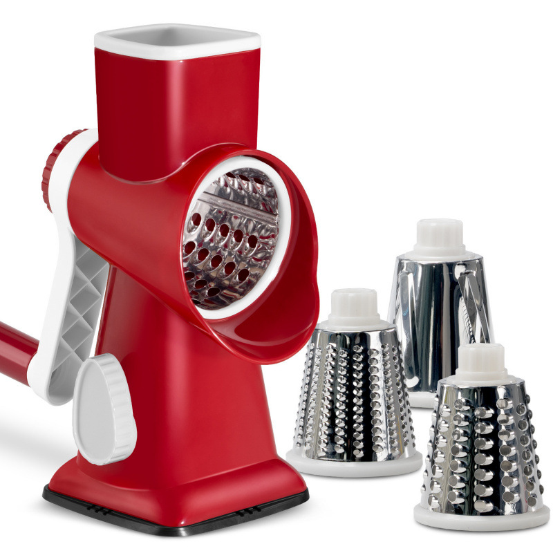 V888-ELOSUNG26208-202504211146-00 Red Rotary Cheese Grater & Vegetable Slicer - Manual Shredder with 3 Interchangeable Drums - Image 1