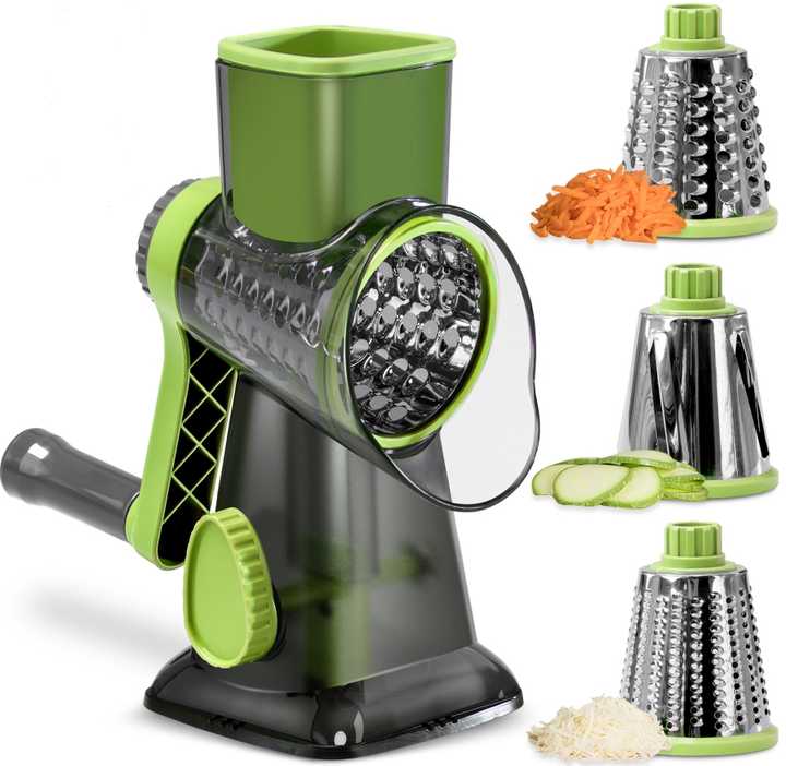 V888-ELOSUNG26209-202504211231-00 Green Rotary Cheese Grater & Vegetable Slicer - Manual Shredder with 3 Interchangeable Drums - Image 1
