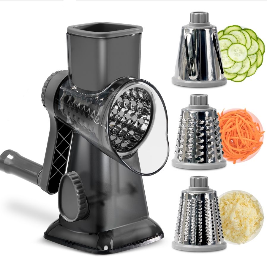 V888-ELOSUNG26211-202504211146-00 Grey Rotary Cheese Grater & Vegetable Slicer - Manual Shredder with 3 Interchangeable Drums - Image 1