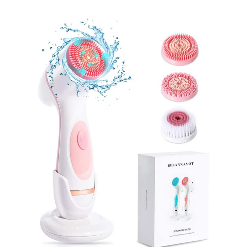 V888-ELOSUNG26212-202504211159-00 Pink Waterproof Facial Cleansing Spin Brush Set - Rechargeable with 3 Heads & Charging Stand - Image 1