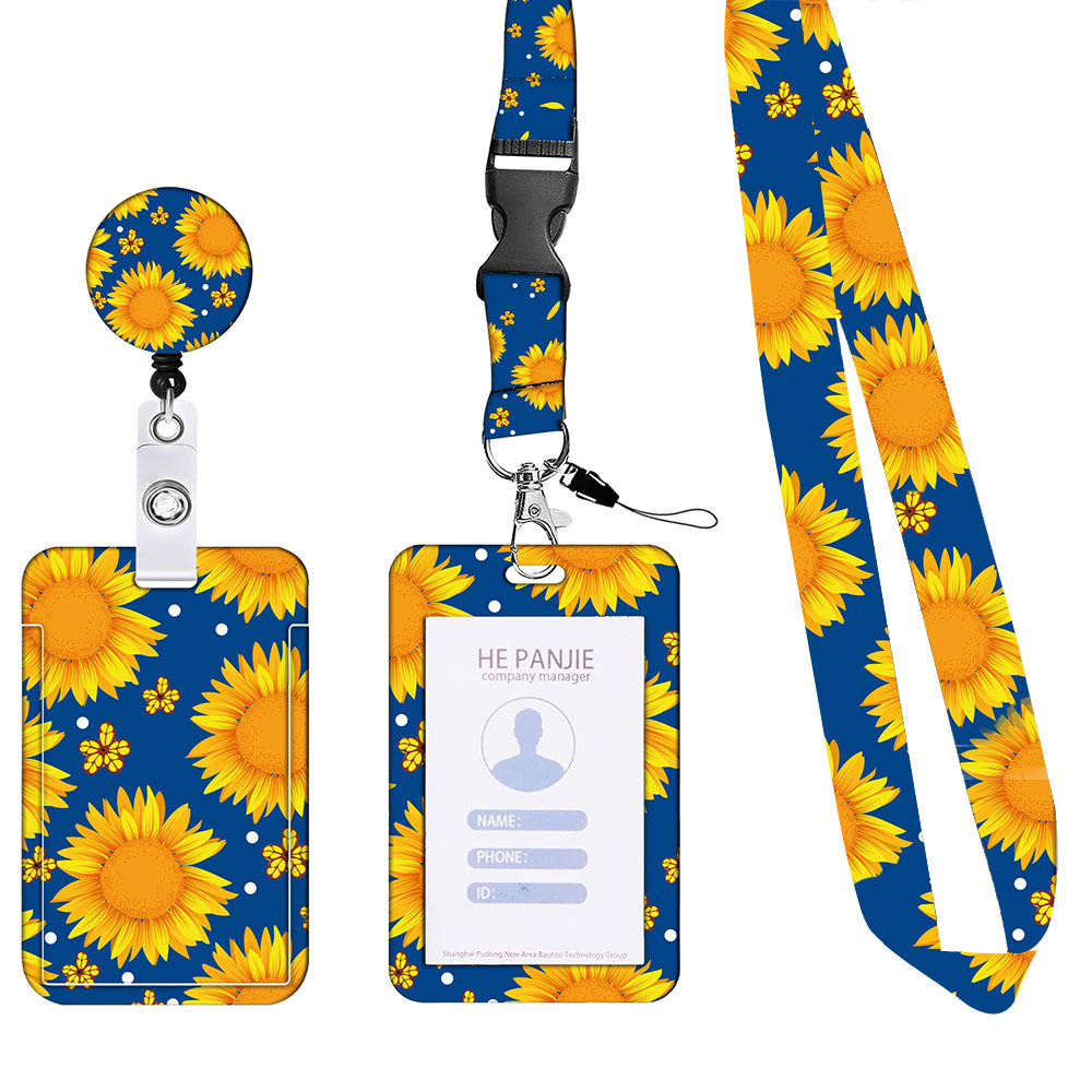 V888-ELOSUNG26237-202504211241-00 2-pcs Retractable ID Badge Reel Lanyard Set with Vertical Hard Plastic Card Holder - Blue Yellow Floral (Style 1) - Image 1
