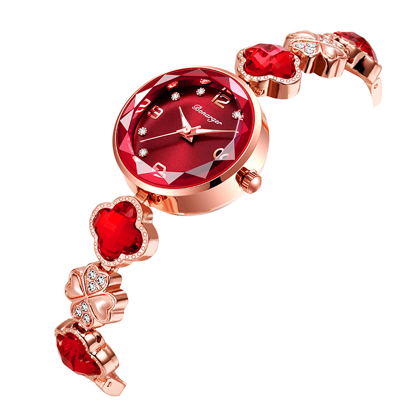 V888-ELOSUNG26279-202504211205-00 Red Women's Four-Leaf Clover Quartz Watch with Red Dial and Crystal Accents - Image 1