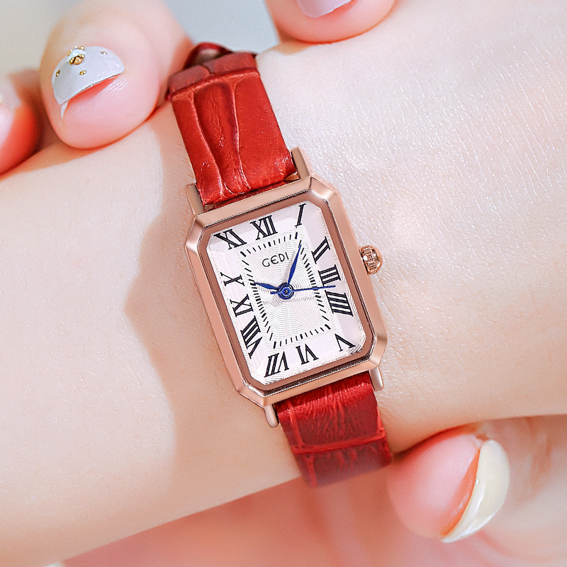 V888-ELOSUNG26308-202504281210-00 Rose gold case, white plate, red belt Ladies Quartz Watch - Classic Rectangular, Leather Band - Image 1