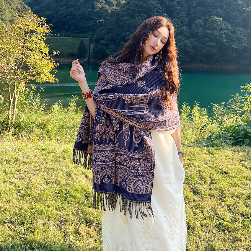 V888-ELOSUNG26318-202504281308-00 Style 4 Women's Ethnic Faux Cashmere Shawl Wrap - Jacquard Pattern Tassel Scarf (A unique hole purple) - Image 1