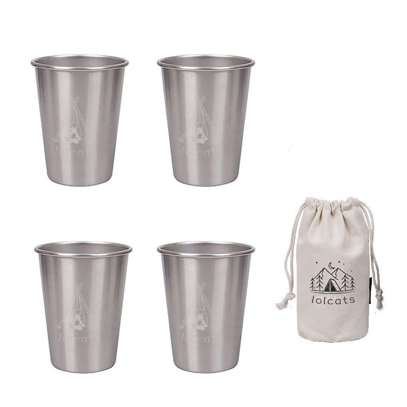 V888-ELOSUNG26363-202504281322-00 Silver 304 Stainless Steel Camping Cup - 350ml Outdoor Drinkware(Set of 4 with Bag) - Image 1
