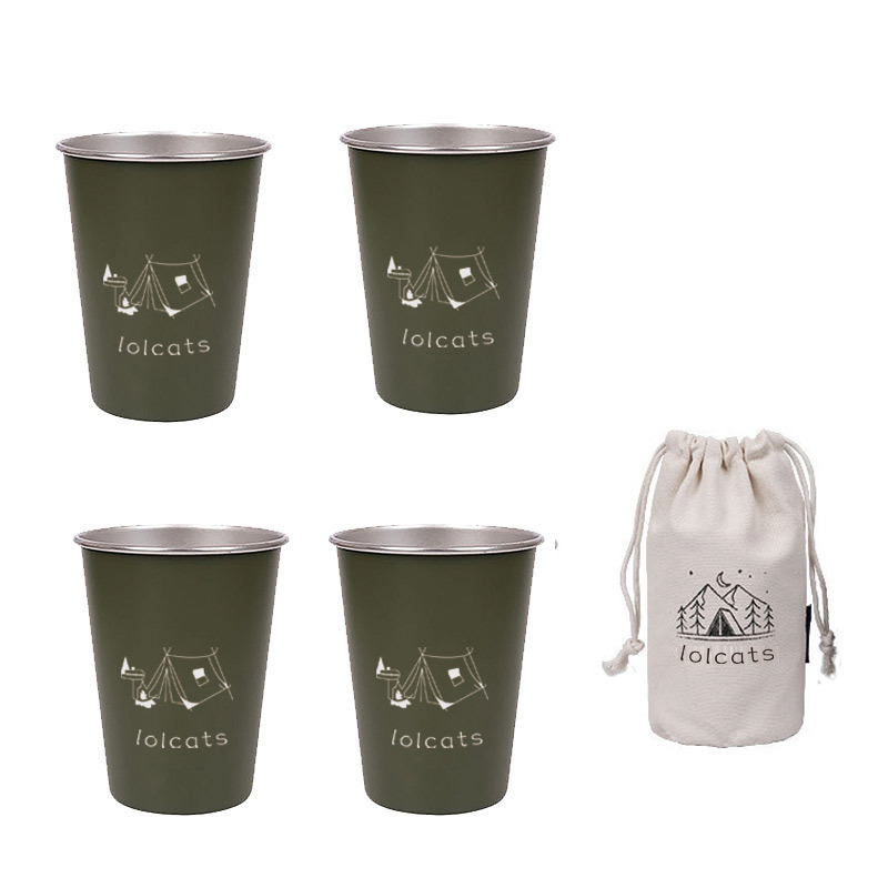 V888-ELOSUNG26364-202504281322-00 Green 304 Stainless Steel Camping Cup - 350ml Outdoor Drinkware(Set of 4 with Bag) - Image 1