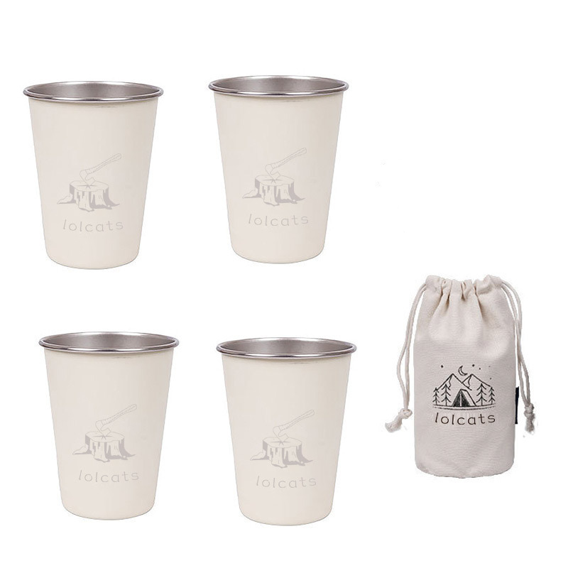 V888-ELOSUNG26365-202504281323-00 White 304 Stainless Steel Camping Cup - 350ml Outdoor Drinkware(Set of 4 with Bag) - Image 1