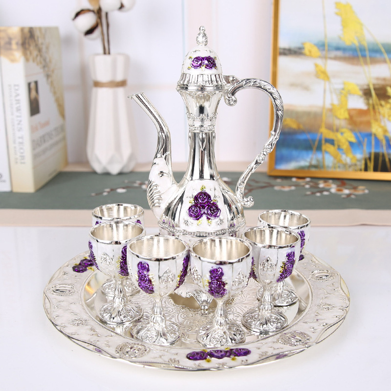 V888-ELOSUNG26396-202504281305-00 Vintage Palace Style Liquor Serving Set - Metal Pot, 6 Cups & Tray (Silver Purple Rose) - Image 1