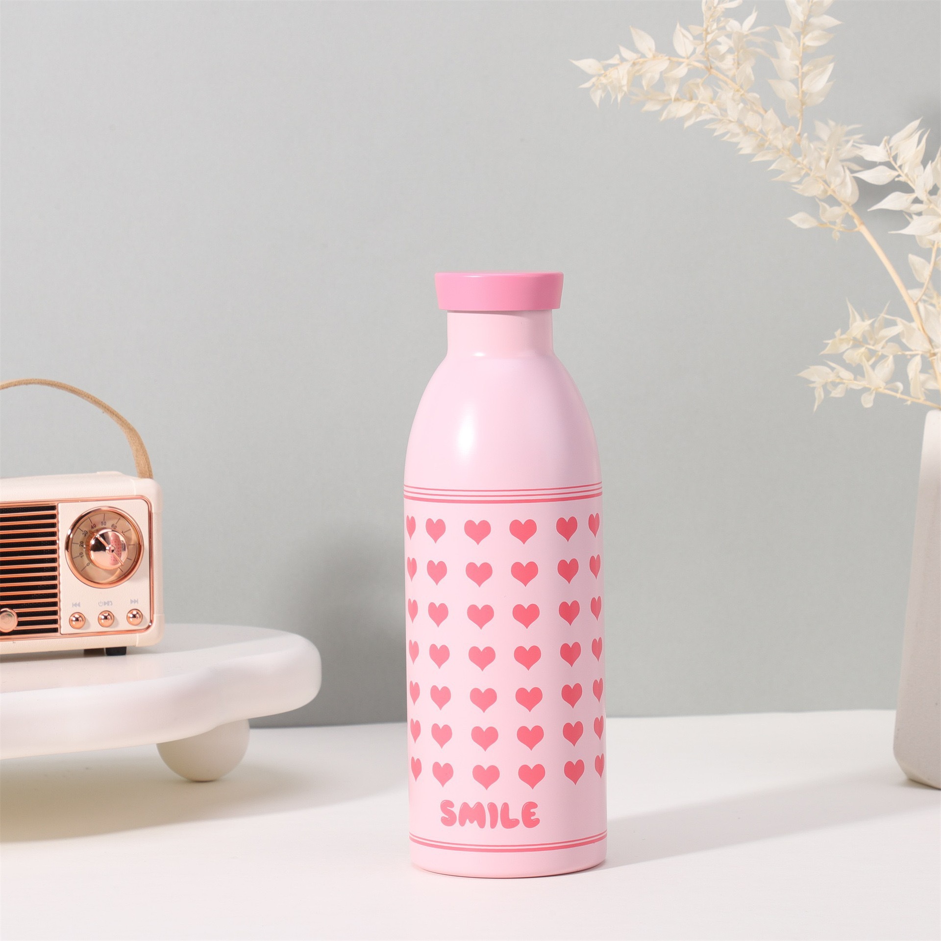 V888-ELOSUNG26436-202504281427-00 Cute Milk Bottle Thermos - 500ml Stainless Steel Insulated Water Bottle (Pink love heart) - Image 1