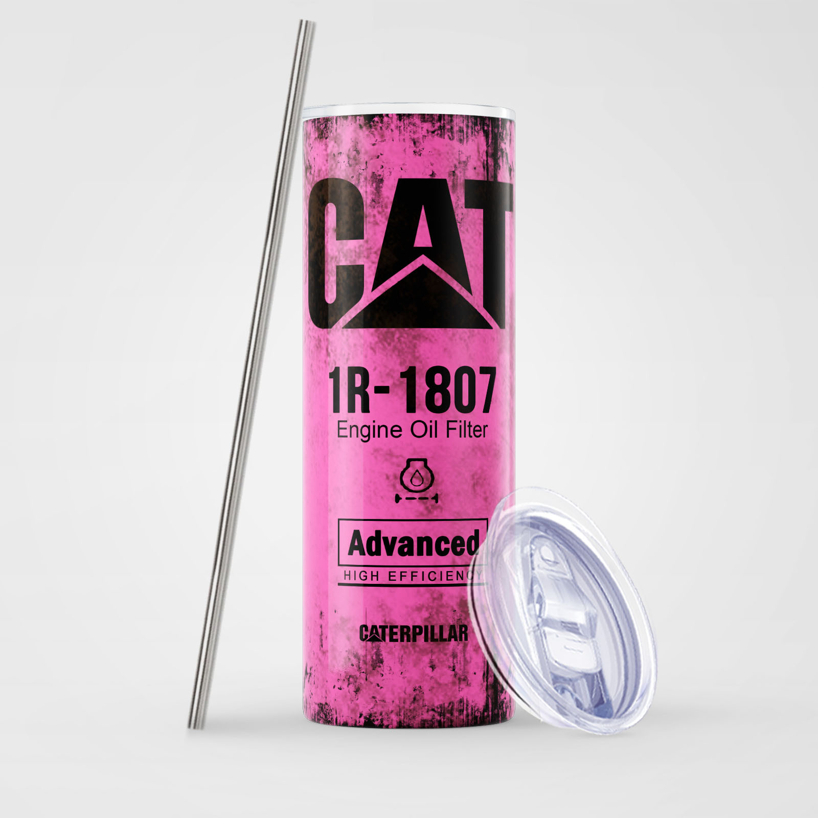 V888-ELOSUNG26489-202504281600-00 Pink Skinny Tumbler (591ml) - Fun CAT Oil Filter Replica for Construction Fans - Image 1
