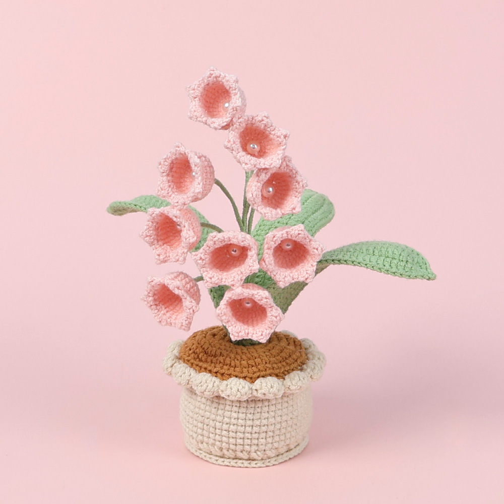 V888-ELOSUNG26501-202504281616-00 Handmade Crochet Lily of the Valley Potted Plant - Everlasting Crochet Flower Arrangement (9 heads pink) - Image 1