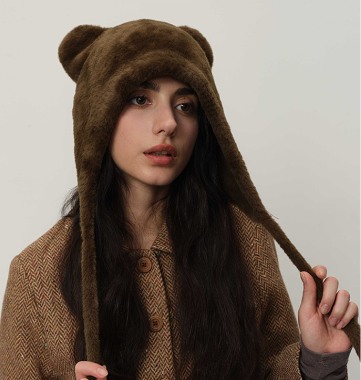 V888-ELOSUNG26619-202505131730-00 Green glass Fluffy Cat Ear Winter Earflap Hat Women Knitted Warm Cold Weather Cap - Image 1