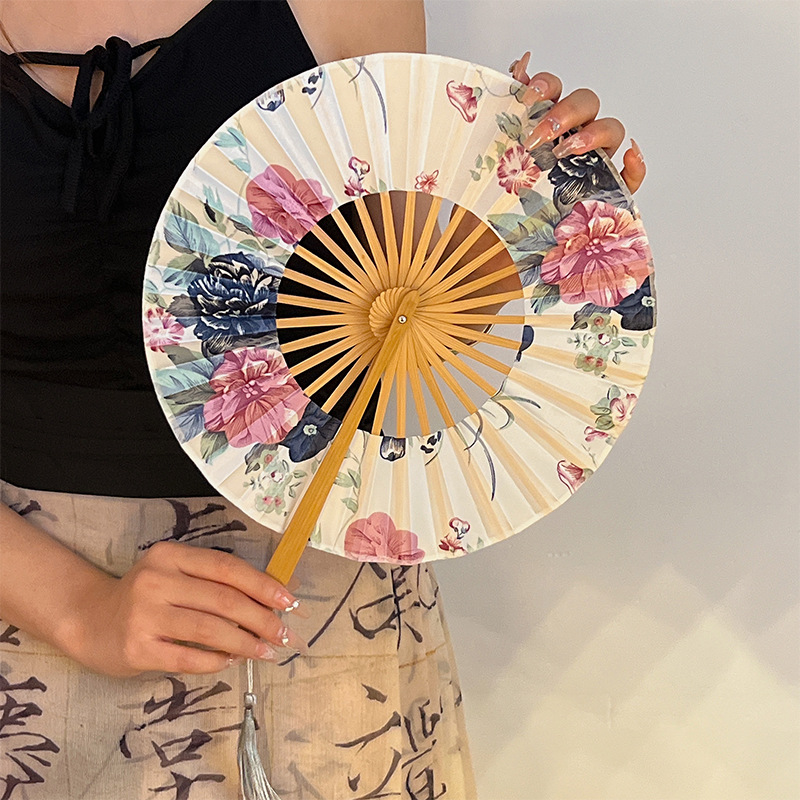 V888-ELOSUNG26647-202505131830-00 2 PCS Floral Bamboo Folding Hand Fan - Traditional Chinese Style Round Folding Design (Spring in the Garden) - Image 1