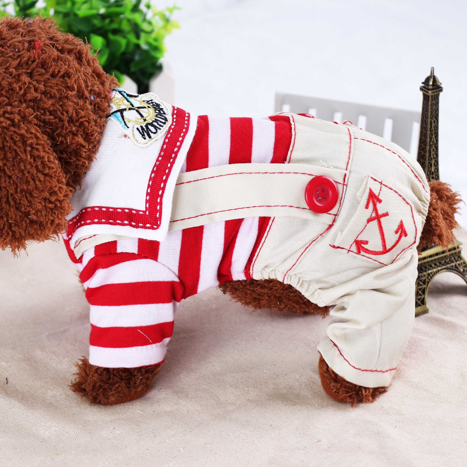 V888-ELOSUNG26793-202505131951-00 Red Cute Sailor Dog Outfit - Striped Shirt & Anchor Overalls for Small Dogs (Size : M ) - Image 1