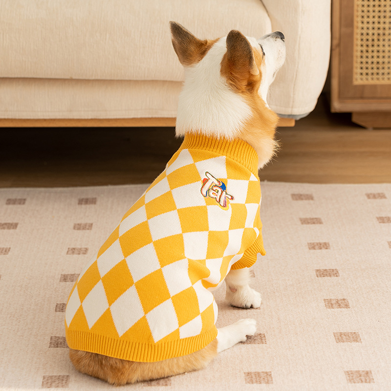 V888-ELOSUNG26801-202505131635-00 Classic Argyle Dog Sweater - Yellow & White Knit for Corgis & Medium Breeds (Size : XL) - Image 1