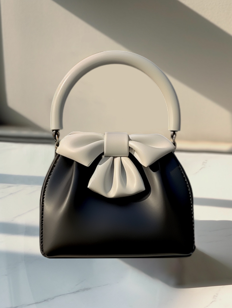V888-ELOSUNG26821-202505151710-00 Statement Bow Mini Handbag - Black & White Color Block Top Handle - Image 1