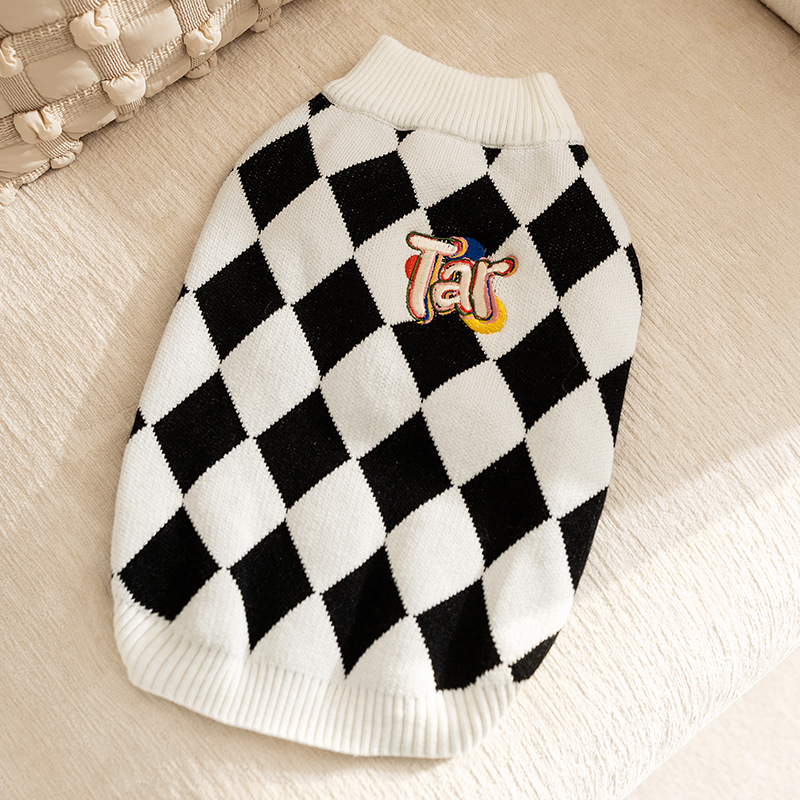 V888-ELOSUNG26864-202505151813-00 Classic Argyle Dog Sweater - Black & White Knit for Corgis & Medium Breeds (Size : L) - Image 1