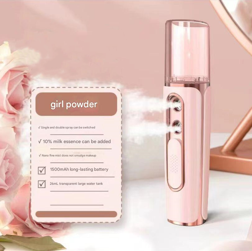 V888-ELOSUNG26965-202505191416-00 Pink Dual Nozzle Nano Facial Mister - USB Rechargeable Hydrating Spray - Image 1