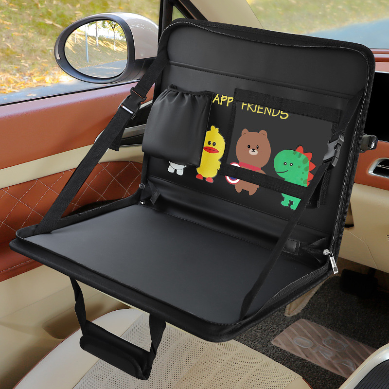 V888-ELOSUNG27008-202504171712-00 Black Foldable Car Back Seat Organizer Tray - PU Leather Travel Desk with Tablet Holder - Image 1