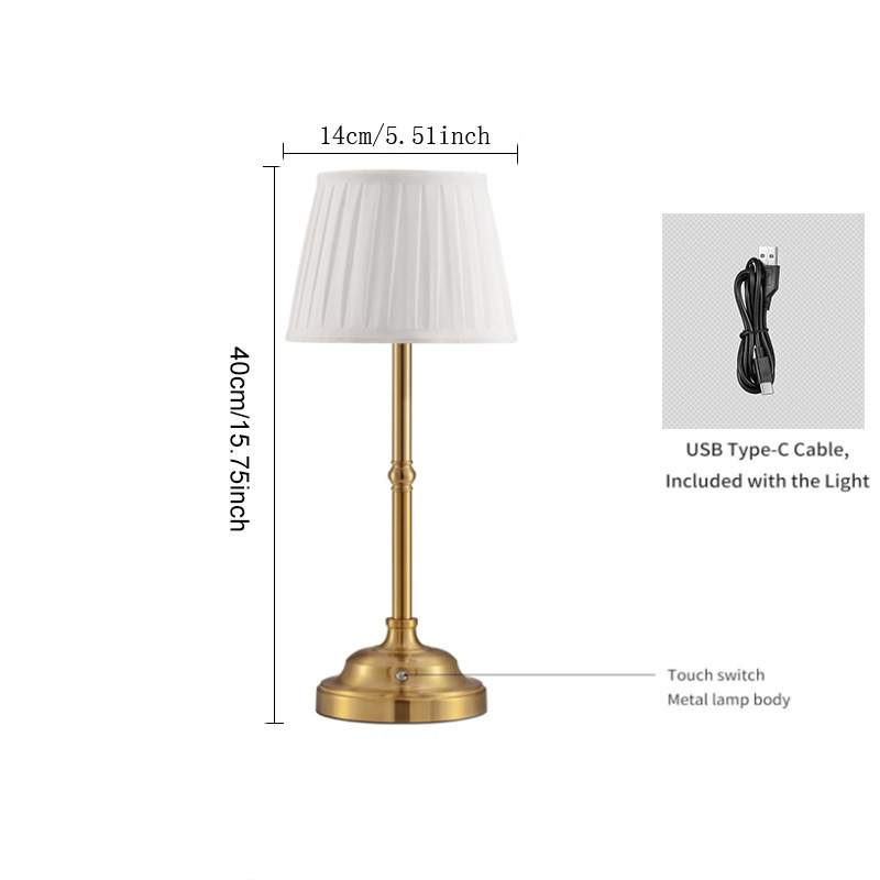V888-ELOSUNG27041-202504211233-00 Gold and White Elegant Rechargeable Fabric Shade LED Lamp - Cordless Touch Stepless Dimmable Table Light - Image 1