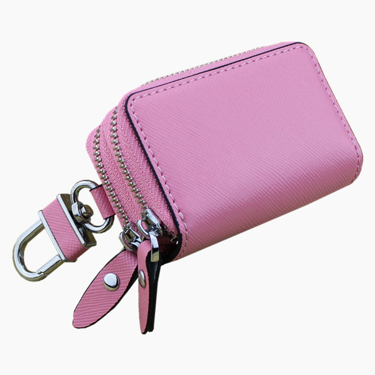 V888-ELOSUNG27097-202504211152-00 Light Pink Compact Crossgrain Leather Double Zipper Key Case - Stylish Car & Home Key Organizer - Image 1