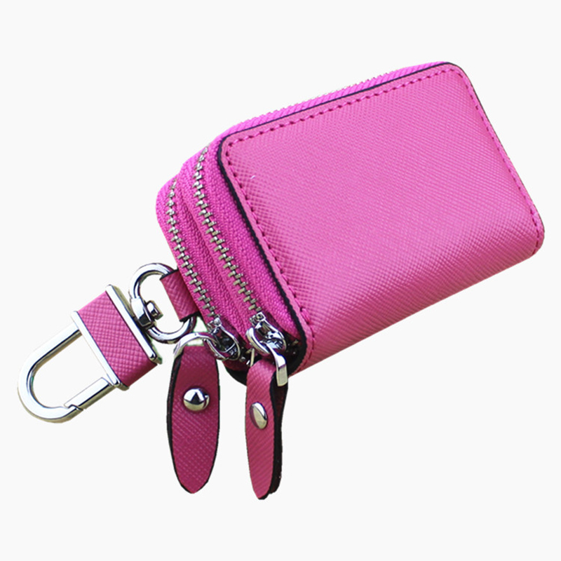 V888-ELOSUNG27098-202504211342-00 Dark Pink Compact Crossgrain Leather Double Zipper Key Case - Stylish Car & Home Key Organizer - Image 1