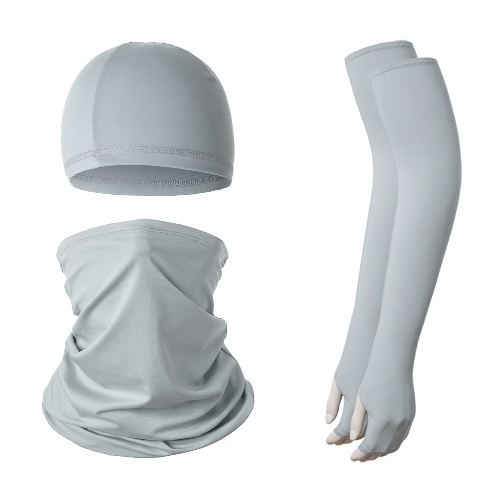 V888-ELOSUNG27109-202504221141-00 2 Sets Light Grey Cooling UV Protection Set - 2 Skull Cap, 2 Neck Gaiter & 4 Arm Sleeves for Outdoor Sports - Image 1